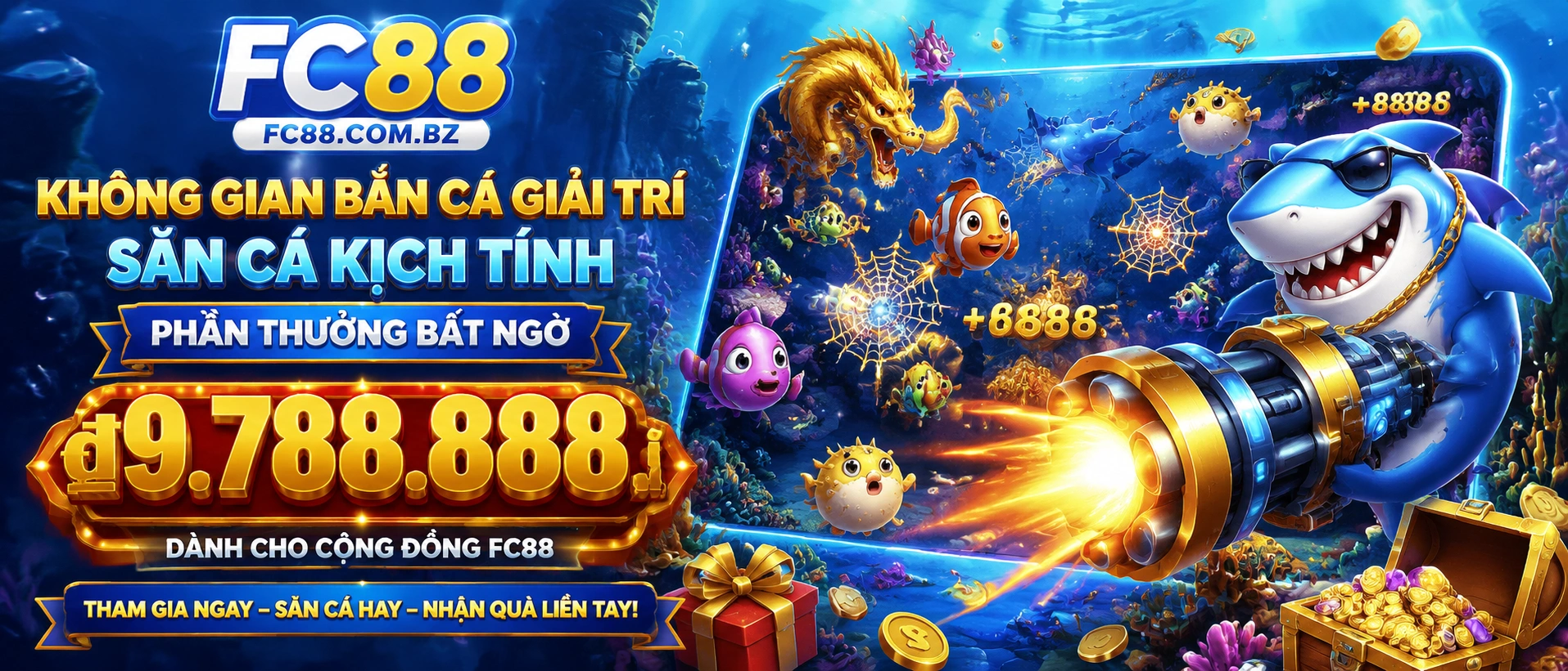 Bắn Cá đại dương với giao diện game sáng, nhiều mục tiêu và hiệu ứng rõ nét